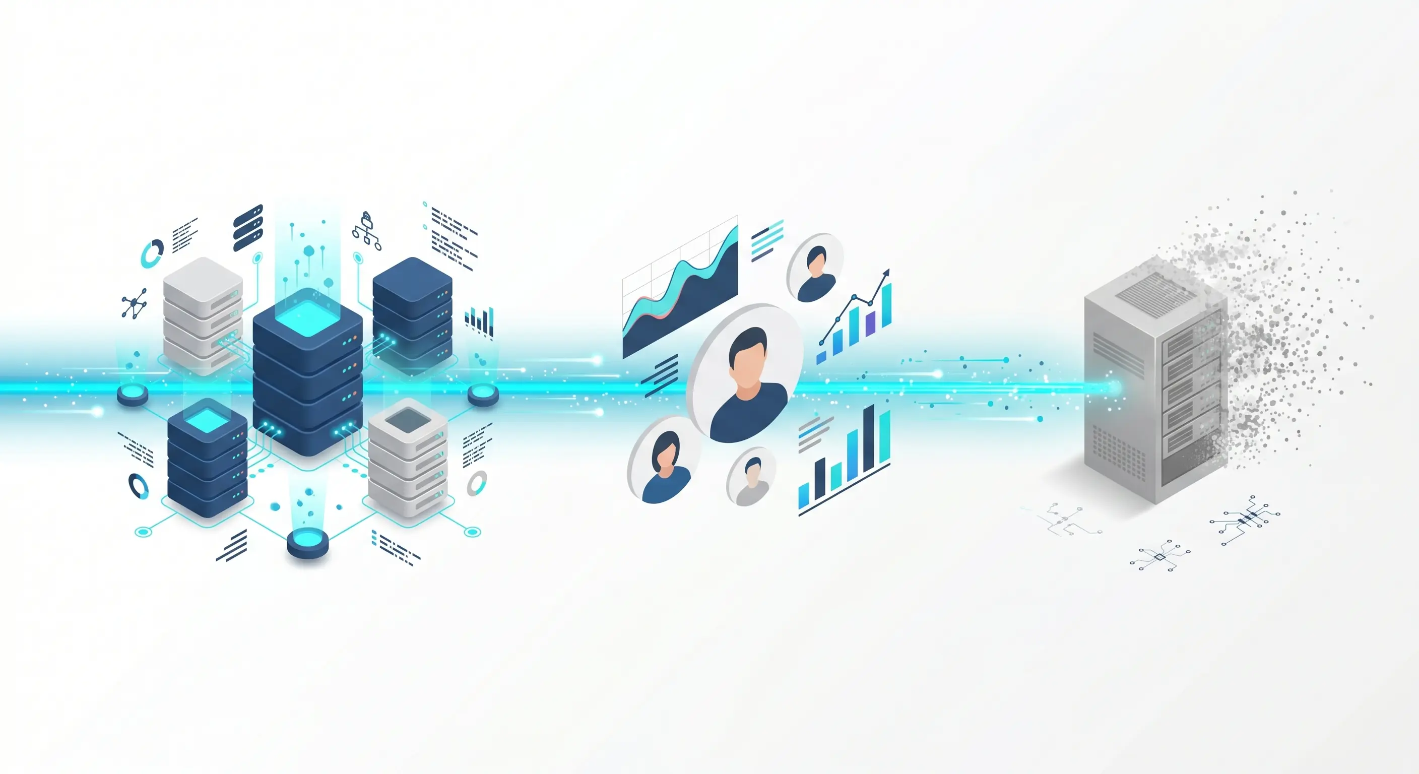 Phased ERP modernization timeline showing three stages: modern API deployment with connected servers, user adoption with analytics dashboards, and gradual legacy system retirement