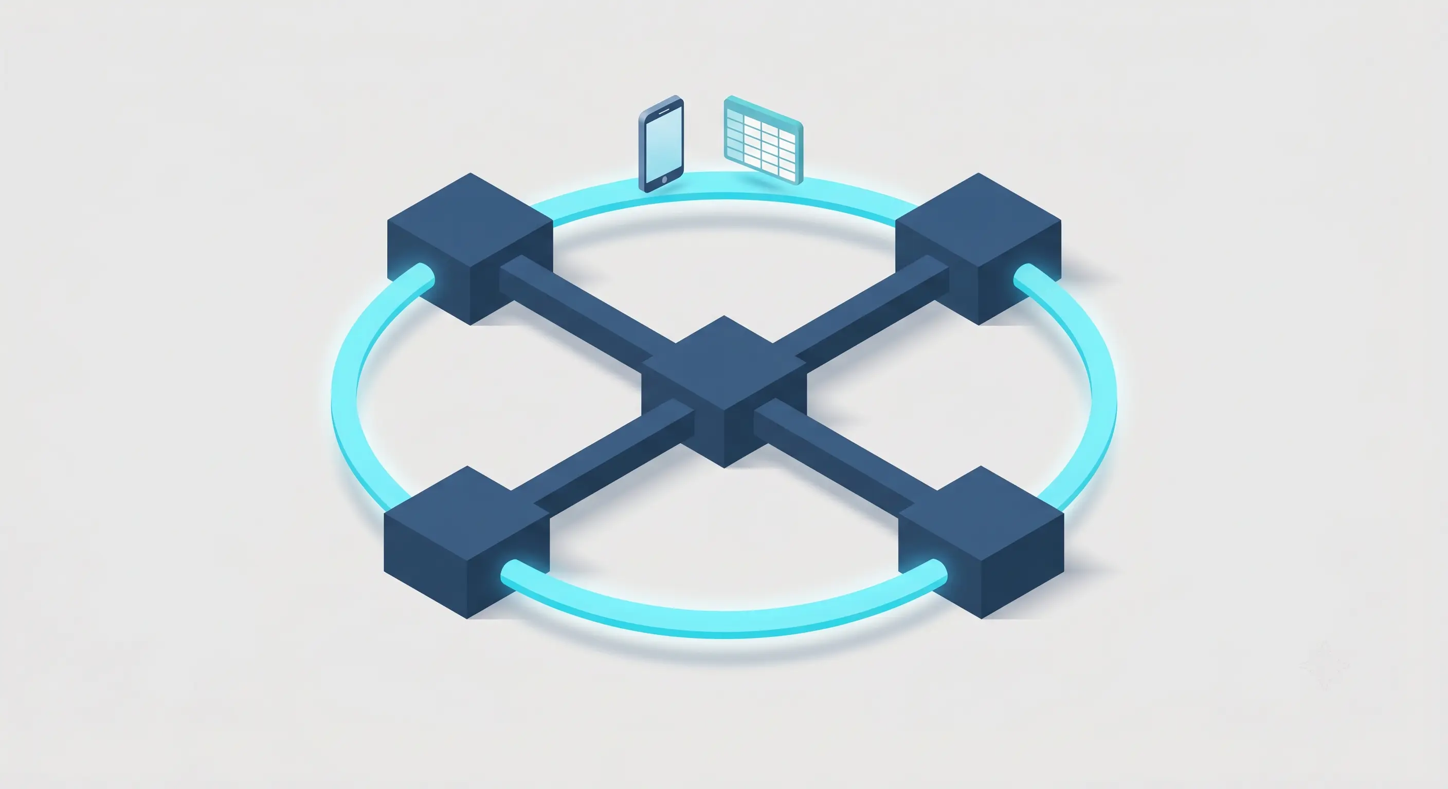 The simplified workflow bypass showing a central hub with four connected blocks in a circular arrangement with phone and spreadsheet icons representing frontline workarounds