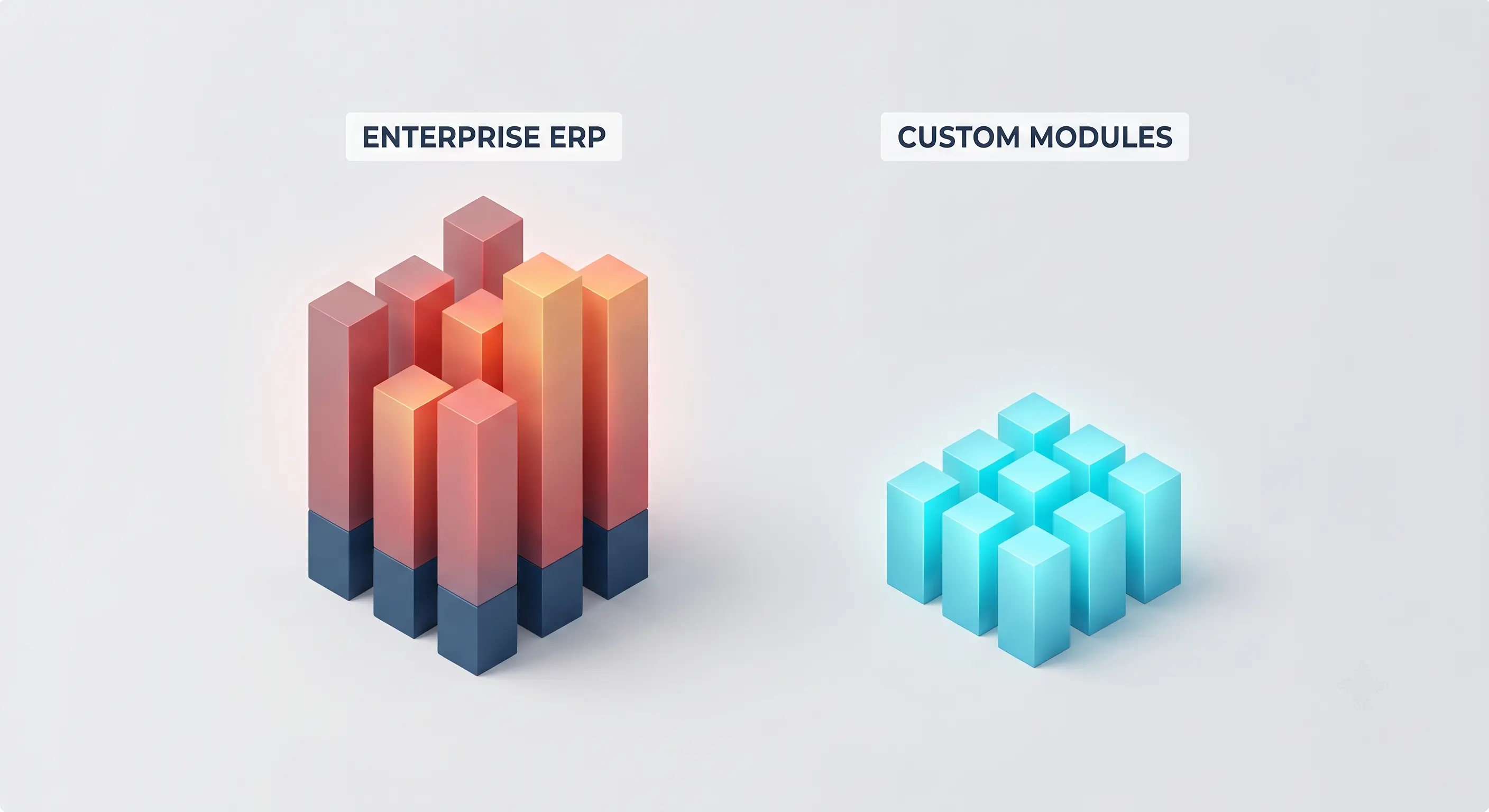 3D isometric comparison showing tall red Enterprise ERP bars representing software bloat versus compact cyan Custom Modules blocks representing efficient targeted solutions